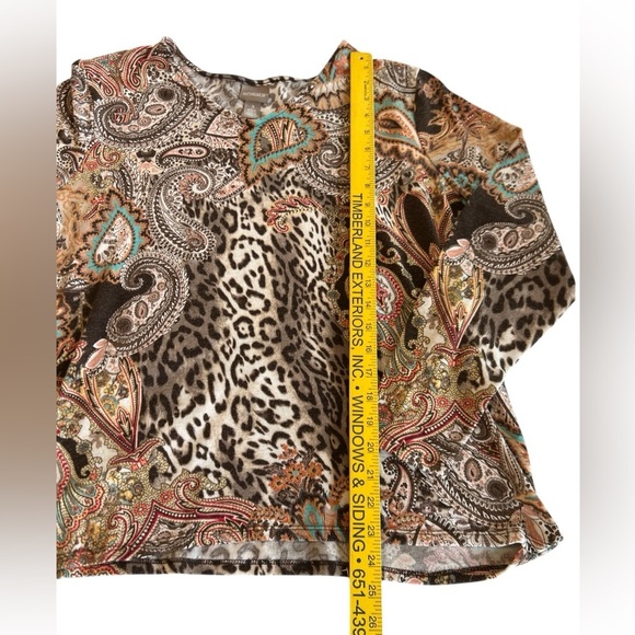 Chico's Women’s Brown Paisley Floral Leopard Print Long Sleeve Knit Top - Size 3 - Picture 9 of 11